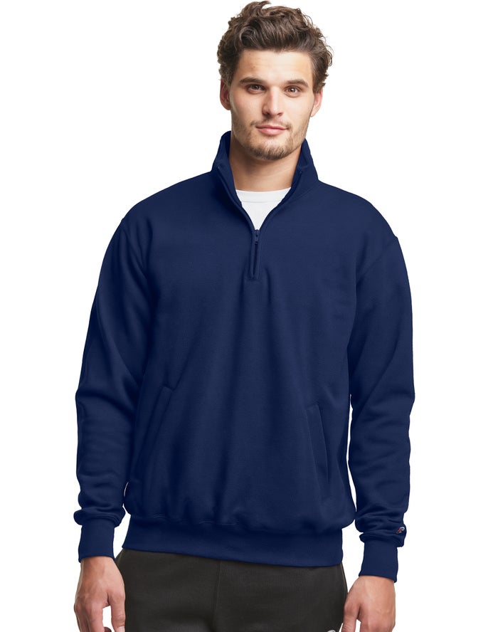 Champion Mens Sweatshirt NZ - Powerblend Fleece 1/4 Zip With Pockets Navy ( 2549-OZQYS )